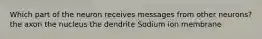 Which part of the neuron receives messages from other neurons? the axon the nucleus the dendrite Sodium ion membrane