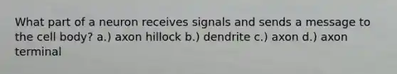 What part of a neuron receives signals and sends a message to the cell body? a.) axon hillock b.) dendrite c.) axon d.) axon terminal