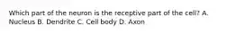 Which part of the neuron is the receptive part of the cell? A. Nucleus B. Dendrite C. Cell body D. Axon