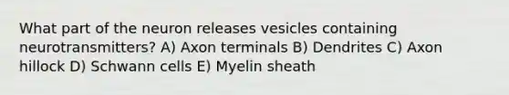 What part of the neuron releases vesicles containing neurotransmitters? A) Axon terminals B) Dendrites C) Axon hillock D) Schwann cells E) Myelin sheath