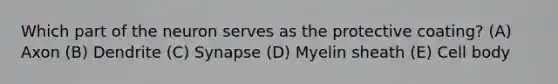 Which part of the neuron serves as the protective coating? (A) Axon (B) Dendrite (C) Synapse (D) Myelin sheath (E) Cell body