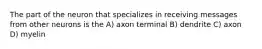 The part of the neuron that specializes in receiving messages from other neurons is the A) axon terminal B) dendrite C) axon D) myelin