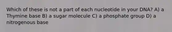 Which of these is not a part of each nucleotide in your DNA? A) a Thymine base B) a sugar molecule C) a phosphate group D) a nitrogenous base