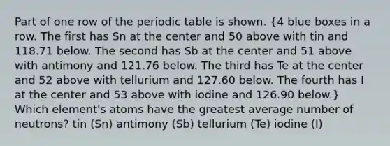 Part of one row of the periodic table is shown. (4 blue boxes in a row. The first has Sn at the center and 50 above with tin and 118.71 below. The second has Sb at the center and 51 above with antimony and 121.76 below. The third has Te at the center and 52 above with tellurium and 127.60 below. The fourth has I at the center and 53 above with iodine and 126.90 below.) Which element's atoms have the greatest average number of neutrons? tin (Sn) antimony (Sb) tellurium (Te) iodine (I)