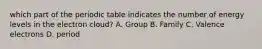 which part of the periodic table indicates the number of energy levels in the electron cloud? A. Group B. Family C. Valence electrons D. period