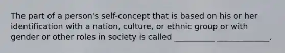 The part of a person's self-concept that is based on his or her identification with a nation, culture, or ethnic group or with gender or other roles in society is called __________ _____________.