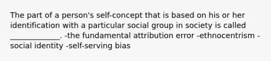 The part of a person's self-concept that is based on his or her identification with a particular social group in society is called _____________. -the fundamental attribution error -ethnocentrism -social identity -self-serving bias