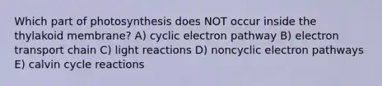 Which part of photosynthesis does NOT occur inside the thylakoid membrane? A) cyclic electron pathway B) electron transport chain C) <a href='https://www.questionai.com/knowledge/kSUoWrrvoC-light-reactions' class='anchor-knowledge'>light reactions</a> D) noncyclic electron pathways E) calvin cycle reactions