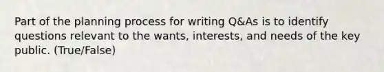 Part of the planning process for writing Q&As is to identify questions relevant to the wants, interests, and needs of the key public. (True/False)