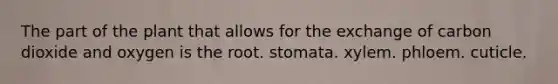 The part of the plant that allows for the exchange of carbon dioxide and oxygen is the root. stomata. xylem. phloem. cuticle.