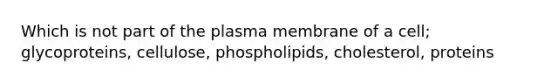 Which is not part of the plasma membrane of a cell; glycoproteins, cellulose, phospholipids, cholesterol, proteins