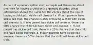 As part of a preconception visit, a couple ask the nurse about their risk for having a child with a genetic disorder. What information should the nurse tell the clients about the risk of having a child with sickle cell disease? a. If both parents have sickle cell trait, the chance is 25% of having a child with sickle cell anemia. b. If one parent has sickle cell anemia, there is a 50% chance the child will have sickle cell anemia. c. If one parent has sickle cell trait, there is a 25% chance that the child will have sickle cell trait. d. If both parents have sickle cell anemia, there is a 50% chance that the child will have sickle cell trait.