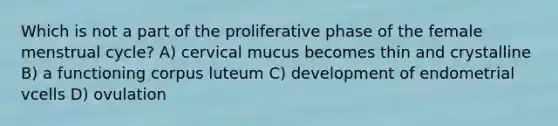 Which is not a part of the proliferative phase of the female menstrual cycle? A) cervical mucus becomes thin and crystalline B) a functioning corpus luteum C) development of endometrial vcells D) ovulation