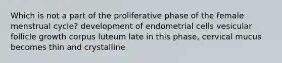 Which is not a part of the proliferative phase of the female menstrual cycle? development of endometrial cells vesicular follicle growth corpus luteum late in this phase, cervical mucus becomes thin and crystalline