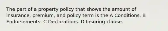 The part of a property policy that shows the amount of insurance, premium, and policy term is the A Conditions. B Endorsements. C Declarations. D Insuring clause.