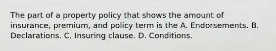 The part of a property policy that shows the amount of insurance, premium, and policy term is the A. Endorsements. B. Declarations. C. Insuring clause. D. Conditions.