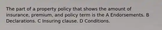 The part of a property policy that shows the amount of insurance, premium, and policy term is the A Endorsements. B Declarations. C Insuring clause. D Conditions.