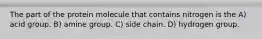 The part of the protein molecule that contains nitrogen is the A) acid group. B) amine group. C) side chain. D) hydrogen group.