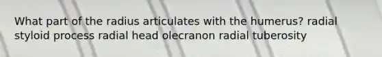 What part of the radius articulates with the humerus? radial styloid process radial head olecranon radial tuberosity