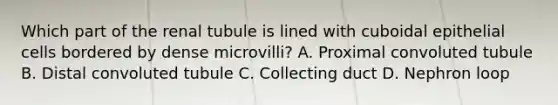 Which part of the renal tubule is lined with cuboidal epithelial cells bordered by dense microvilli? A. Proximal convoluted tubule B. Distal convoluted tubule C. Collecting duct D. Nephron loop