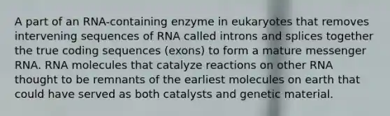 A part of an RNA-containing enzyme in eukaryotes that removes intervening sequences of RNA called introns and splices together the true coding sequences (exons) to form a mature messenger RNA. RNA molecules that catalyze reactions on other RNA thought to be remnants of the earliest molecules on earth that could have served as both catalysts and genetic material.