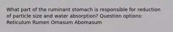 What part of the ruminant stomach is responsible for reduction of particle size and water absorption? Question options: Reticulum Rumen Omasum Abomasum