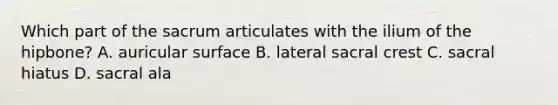 Which part of the sacrum articulates with the ilium of the hipbone? A. auricular surface B. lateral sacral crest C. sacral hiatus D. sacral ala