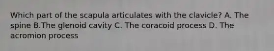 Which part of the scapula articulates with the clavicle? A. The spine B.The glenoid cavity C. The coracoid process D. The acromion process