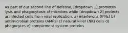 As part of our second line of defense, [dropdown 1] promotes lysis and phagocytosis of microbes while [dropdown 2] protects uninfected cells from viral replication. a) interferons (IFNs) b) antimicrobial proteins (AMPs) c) natural killer (NK) cells d) phagocytes e) complement system proteins