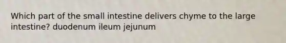 Which part of the small intestine delivers chyme to the large intestine? duodenum ileum jejunum