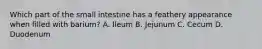 Which part of the small intestine has a feathery appearance when filled with barium? A. Ileum B. Jejunum C. Cecum D. Duodenum