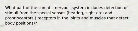 What part of the somatic nervous system includes detection of stimuli from the special senses (hearing, sight etc) and proprioceptors ( receptors in the joints and muscles that detect body positions)?