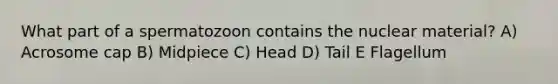 What part of a spermatozoon contains the nuclear material? A) Acrosome cap B) Midpiece C) Head D) Tail E Flagellum