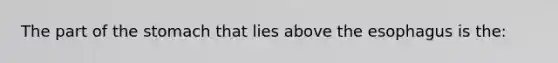 The part of <a href='https://www.questionai.com/knowledge/kLccSGjkt8-the-stomach' class='anchor-knowledge'>the stomach</a> that lies above <a href='https://www.questionai.com/knowledge/kSjVhaa9qF-the-esophagus' class='anchor-knowledge'>the esophagus</a> is the: