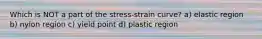 Which is NOT a part of the stress-strain curve? a) elastic region b) nylon region c) yield point d) plastic region