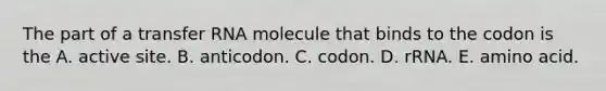 The part of a transfer RNA molecule that binds to the codon is the A. active site. B. anticodon. C. codon. D. rRNA. E. amino acid.