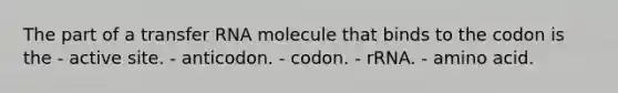 The part of a <a href='https://www.questionai.com/knowledge/kYREgpZMtc-transfer-rna' class='anchor-knowledge'>transfer rna</a> molecule that binds to the codon is the - active site. - anticodon. - codon. - rRNA. - amino acid.