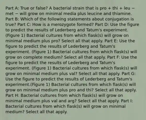 Part A: True or false? A bacterial strain that is pro + thi + leu − met − will grow on minimal media plus leucine and thiamine. Part B: Which of the following statements about conjugation is true? Part C: How is a merozygote formed? Part D: Use the figure to predict the results of Lederberg and Tatum's experiment. (Figure 1) Bacterial cultures from which flask(s) will grow on minimal medium plus pro? Select all that apply. Part E: Use the figure to predict the results of Lederberg and Tatum's experiment. (Figure 1) Bacterial cultures from which flask(s) will grow on complete medium? Select all that apply. Part F: Use the figure to predict the results of Lederberg and Tatum's experiment. (Figure 1) Bacterial cultures from which flask(s) will grow on minimal medium plus val? Select all that apply. Part G: Use the figure to predict the results of Lederberg and Tatum's experiment.(Figure 1) Bacterial cultures from which flask(s) will grow on minimal medium plus pro and thi? Select all that apply. Part H: Bacterial cultures from which flask(s) will grow on minimal medium plus val and arg? Select all that apply. Part I: Bacterial cultures from which flask(s) will grow on minimal medium? Select all that apply.