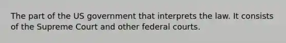 The part of the US government that interprets the law. It consists of the Supreme Court and other federal courts.