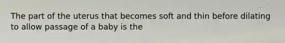 The part of the uterus that becomes soft and thin before dilating to allow passage of a baby is the