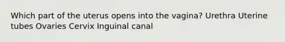 Which part of the uterus opens into the vagina? Urethra Uterine tubes Ovaries Cervix Inguinal canal