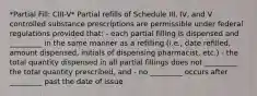 *Partial Fill: CIII-V* Partial refills of Schedule III, IV, and V controlled substance prescriptions are permissible under federal regulations provided that: - each partial filling is dispensed and _________ in the same manner as a refilling (i.e., date refilled, amount dispensed, initials of dispensing pharmacist, etc.) - the total quantity dispensed in all partial fillings does not _________ the total quantity prescribed, and - no _________ occurs after _________ past the date of issue