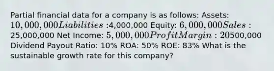 Partial financial data for a company is as follows: Assets: 10,000,000 Liabilities:4,000,000 Equity: 6,000,000 Sales:25,000,000 Net Income: 5,000,000 Profit Margin: 20% Dividends:500,000 Dividend Payout Ratio: 10% ROA: 50% ROE: 83% What is the sustainable growth rate for this company?