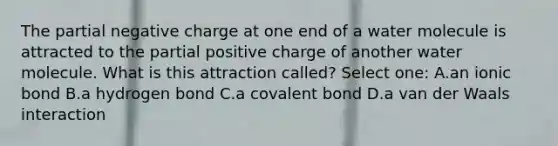 The partial negative charge at one end of a water molecule is attracted to the partial positive charge of another water molecule. What is this attraction called? Select one: A.an ionic bond B.a hydrogen bond C.a covalent bond D.a van der Waals interaction