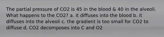 The partial pressure of CO2 is 45 in the blood & 40 in the alveoli. What happens to the CO2? a. it diffuses into the blood b. it diffuses into the alveoli c. the gradient is too small for CO2 to diffuse d. CO2 decomposes into C and O2