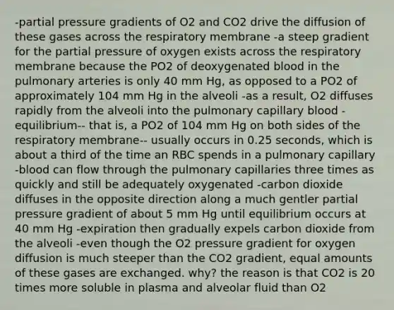 -partial pressure gradients of O2 and CO2 drive the diffusion of these gases across the respiratory membrane -a steep gradient for the partial pressure of oxygen exists across the respiratory membrane because the PO2 of deoxygenated blood in the pulmonary arteries is only 40 mm Hg, as opposed to a PO2 of approximately 104 mm Hg in the alveoli -as a result, O2 diffuses rapidly from the alveoli into the pulmonary capillary blood -equilibrium-- that is, a PO2 of 104 mm Hg on both sides of the respiratory membrane-- usually occurs in 0.25 seconds, which is about a third of the time an RBC spends in a pulmonary capillary -blood can flow through the pulmonary capillaries three times as quickly and still be adequately oxygenated -carbon dioxide diffuses in the opposite direction along a much gentler partial pressure gradient of about 5 mm Hg until equilibrium occurs at 40 mm Hg -expiration then gradually expels carbon dioxide from the alveoli -even though the O2 pressure gradient for oxygen diffusion is much steeper than the CO2 gradient, equal amounts of these gases are exchanged. why? the reason is that CO2 is 20 times more soluble in plasma and alveolar fluid than O2