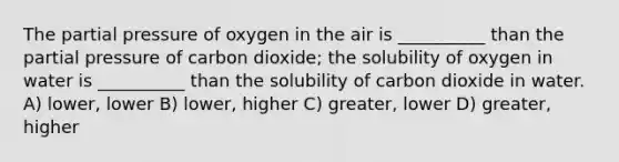 The partial pressure of oxygen in the air is __________ than the partial pressure of carbon dioxide; the solubility of oxygen in water is __________ than the solubility of carbon dioxide in water. A) lower, lower B) lower, higher C) greater, lower D) greater, higher