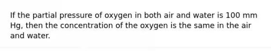 If the partial pressure of oxygen in both air and water is 100 mm Hg, then the concentration of the oxygen is the same in the air and water.