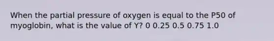 When the partial pressure of oxygen is equal to the P50 of myoglobin, what is the value of Y? 0 0.25 0.5 0.75 1.0