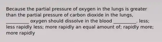 Because the partial pressure of oxygen in the lungs is greater than the partial pressure of carbon dioxide in the lungs, __________ oxygen should dissolve in the blood __________. less; less rapidly less; more rapidly an equal amount of; rapidly more; more rapidly